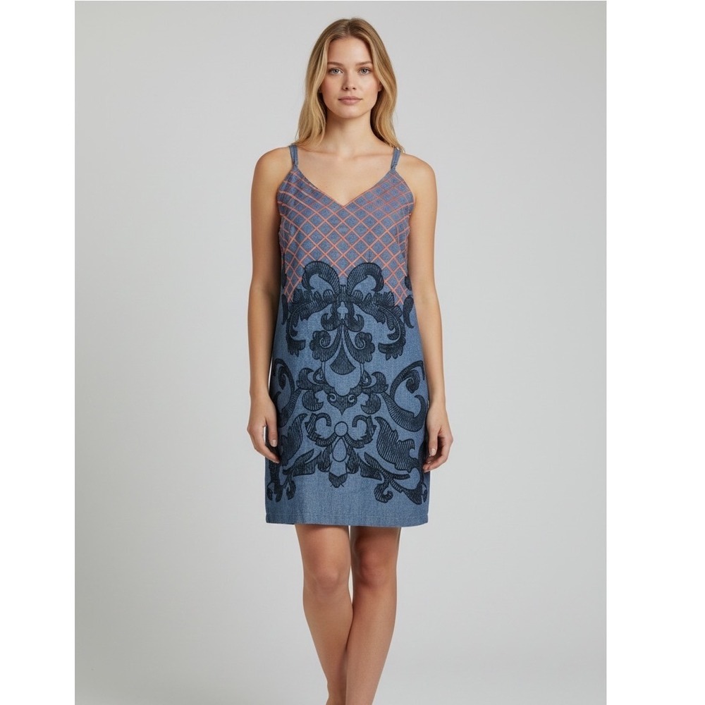 Alya Mini Dress Women's Medium Blue Coral‎ Embroidered Cotton Sundress EUC
